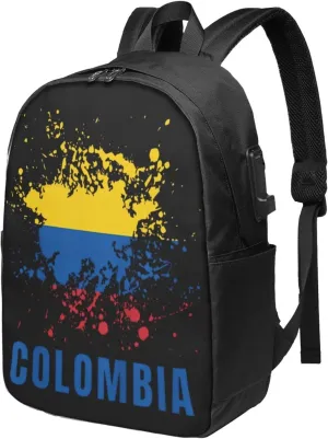 Retro Vintage Colombia Watercolor Sport Colombian Flag Travel Backpack 17-Inch Laptop Backpacks Business Rucksack Casual Sport Daypack with USB Charging Port Carry-on Bag for Camping Biking