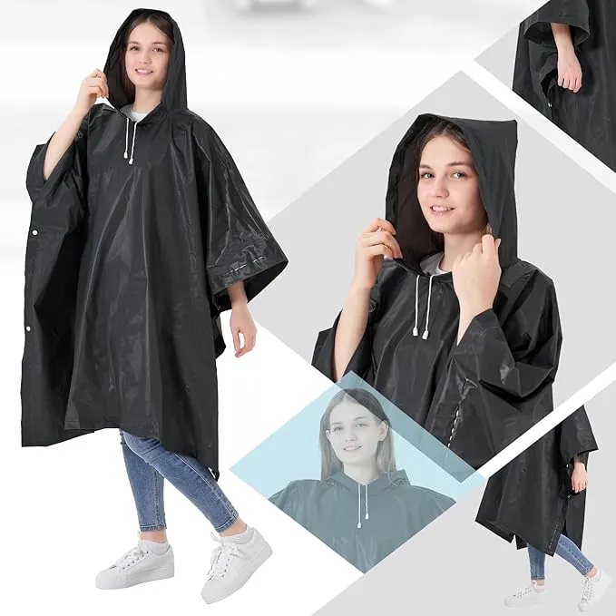 Reusable Adult Rain Ponchos 2 Pcs for Women and Men with Drawstring Hood Perfect for Camping