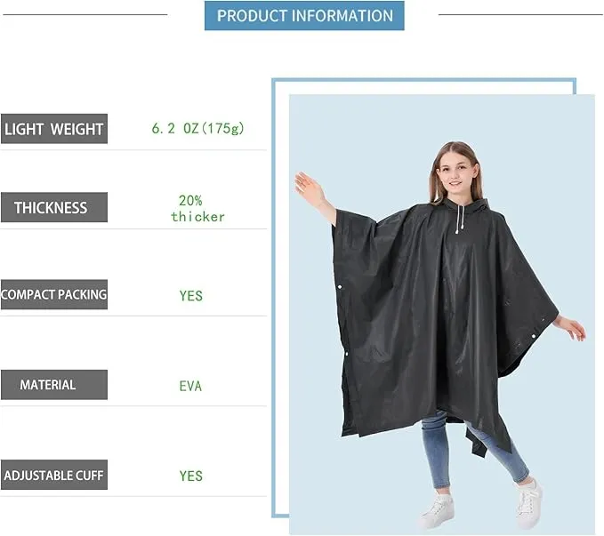 Reusable Adult Rain Ponchos 2 Pcs for Women and Men with Drawstring Hood Perfect for Camping