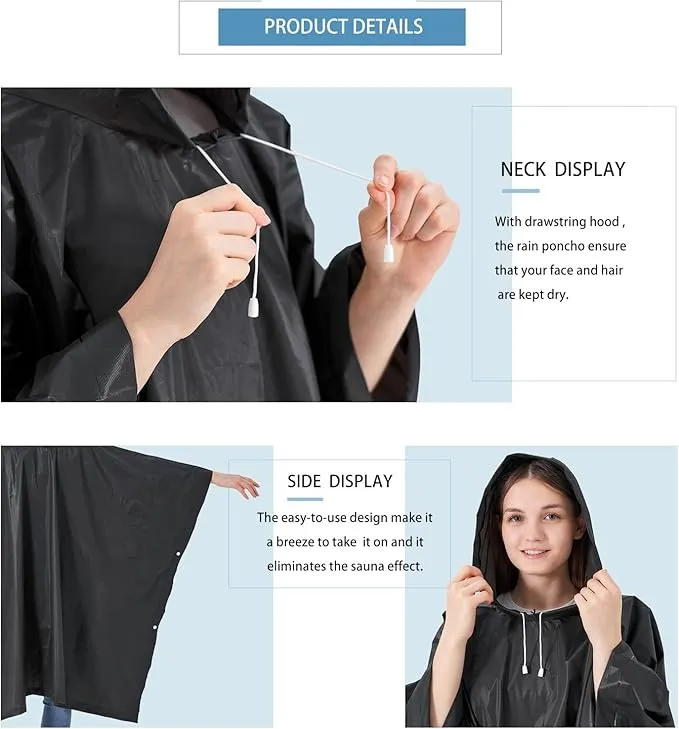Reusable Adult Rain Ponchos 2 Pcs for Women and Men with Drawstring Hood Perfect for Camping