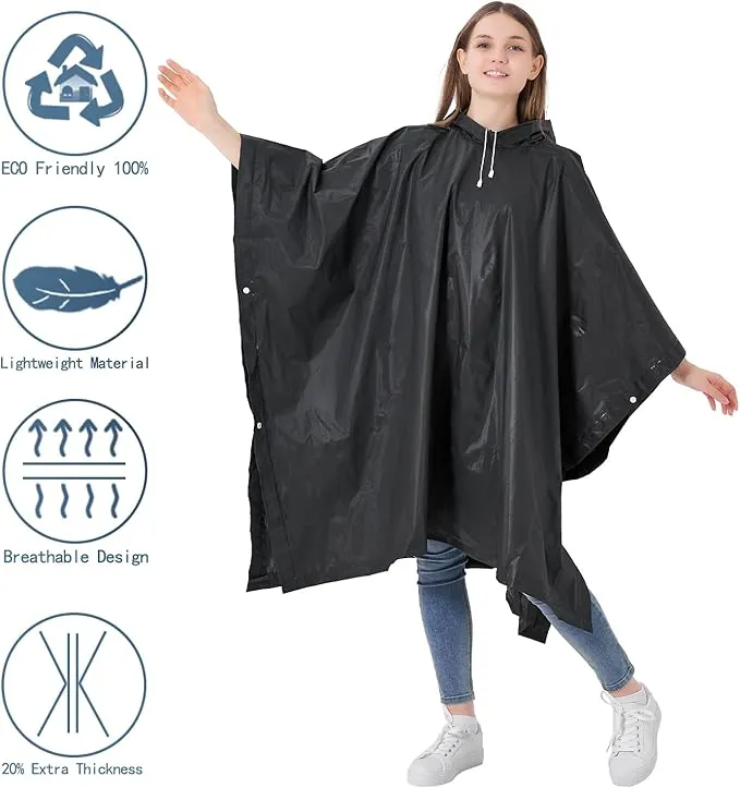 Reusable Adult Rain Ponchos 2 Pcs for Women and Men with Drawstring Hood Perfect for Camping