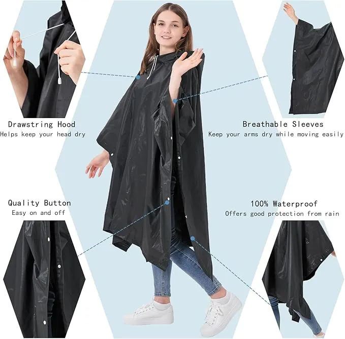 Reusable Adult Rain Ponchos 2 Pcs for Women and Men with Drawstring Hood Perfect for Camping