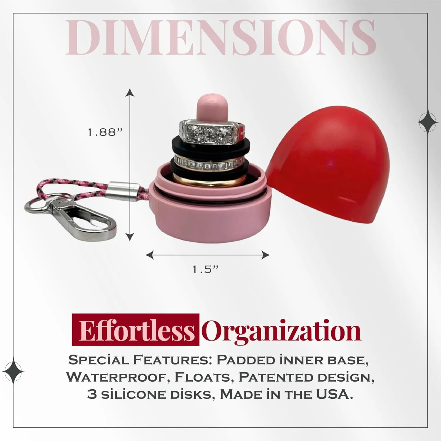RING THING - Ring Holder Keychain, Jewelry Organizer and Storage, Portable Waterproof Ring Holder, Pill Box Keychain Container, Gym Accessory, and Travel Ring Case (Pink & Red)