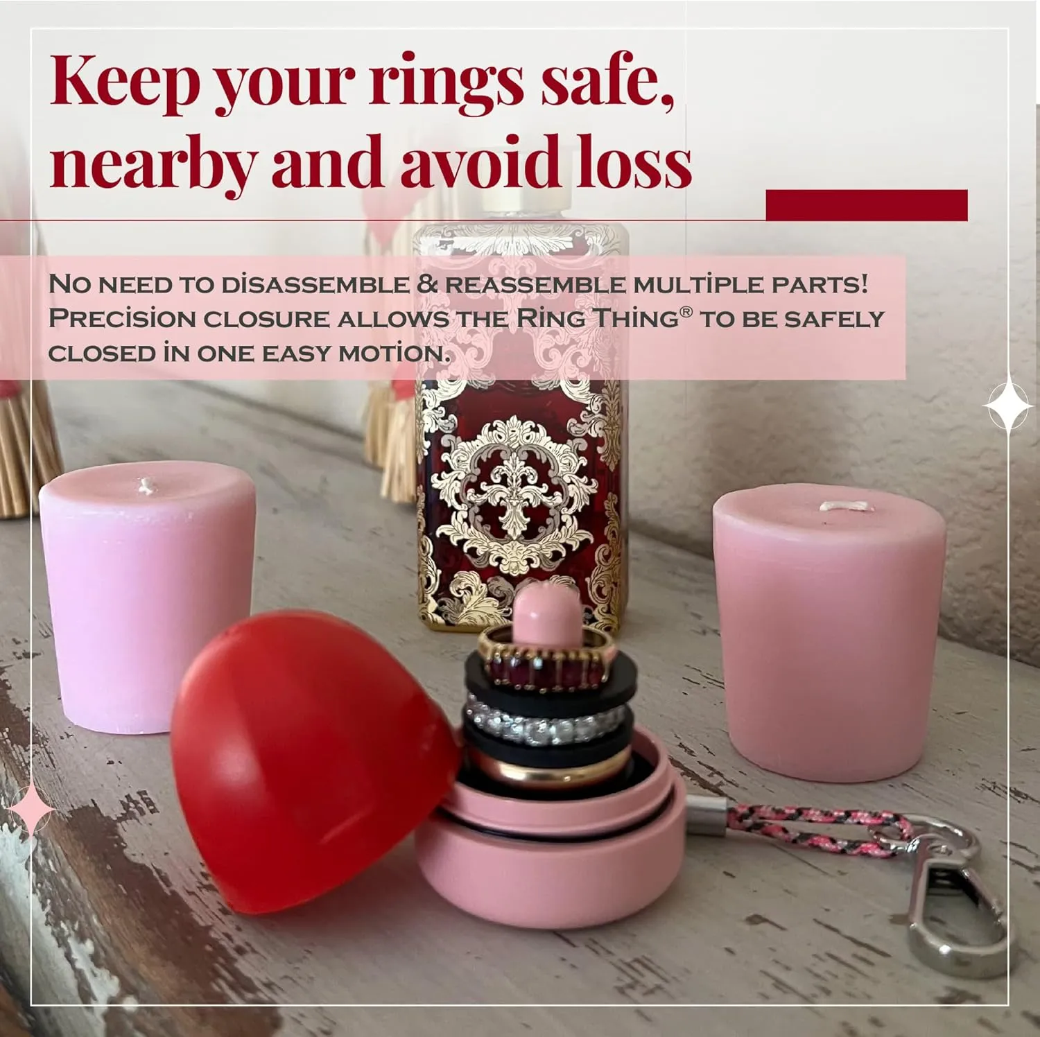 RING THING - Ring Holder Keychain, Jewelry Organizer and Storage, Portable Waterproof Ring Holder, Pill Box Keychain Container, Gym Accessory, and Travel Ring Case (Pink & Red)