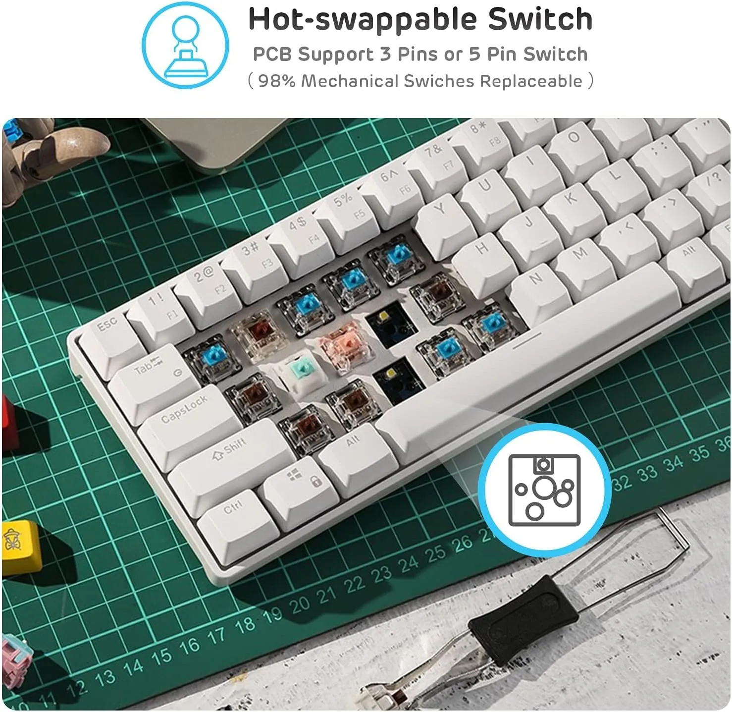 RK ROYAL KLUDGE RK61 Wireless 60% Triple Mode BT5.0/2.4G/USB-C Mechanical Keyboard, 61 Keys Wireless Mechanical Keyboard, Compact Gaming Keyboard with Software (Hot Swappable Red Switch, White)