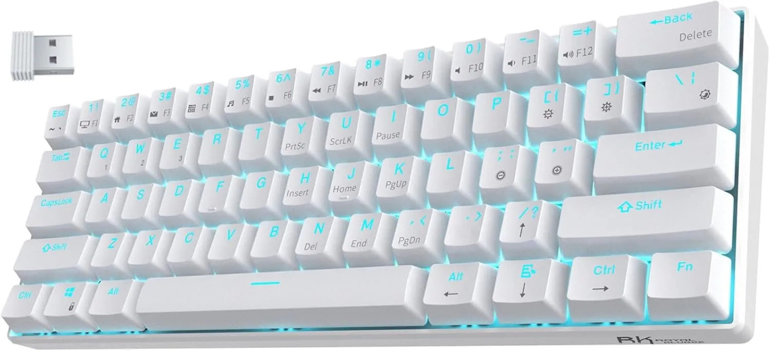 RK ROYAL KLUDGE RK61 Wireless 60% Triple Mode BT5.0/2.4G/USB-C Mechanical Keyboard, 61 Keys Wireless Mechanical Keyboard, Compact Gaming Keyboard with Software (Hot Swappable Red Switch, White)