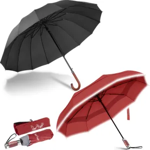 Royal Walk Large Umbrella for Rain, Windproof Folding Travel Umbrella with Vented Canopy, Genuine Wood Handle, Automatic Open Close, Reflective Strip for Safety in the Dark