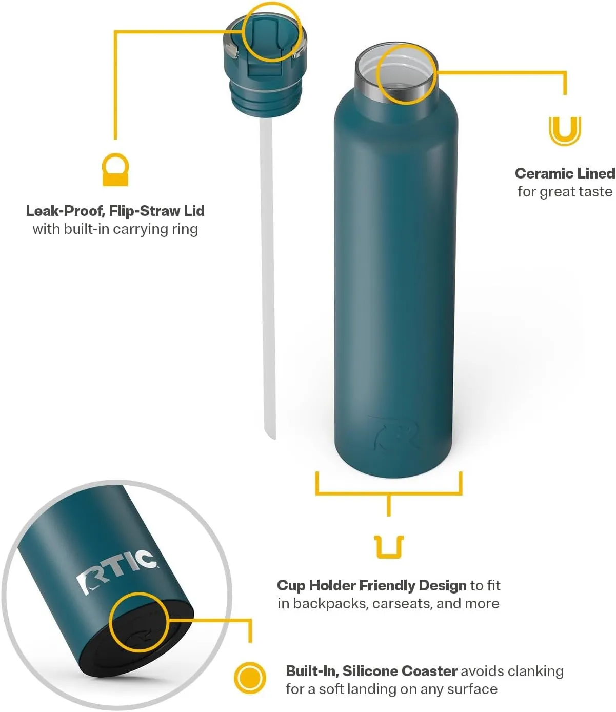 RTIC 26oz Journey Bottle Metal Stainless Steel Vacuum Insulated, BPA Free, Reusable, for Water, Hot and Cold Drinks, Travel, Sports, Camping, Marine