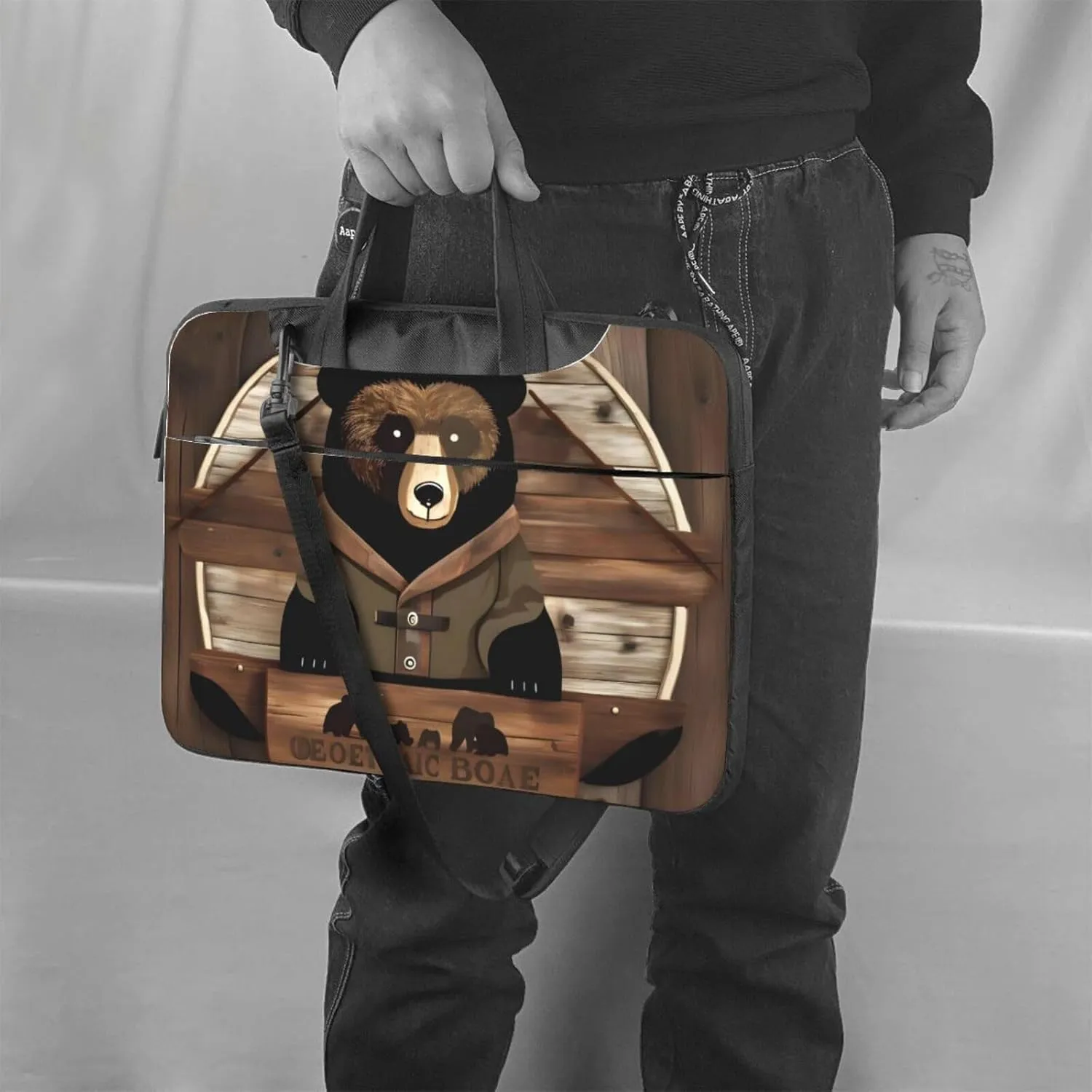 Rustic Lodge Bear Laptop Shoulder Bag,# Ultra Slim And Portable, With Padded Shoulder Strap And Handleã€‚