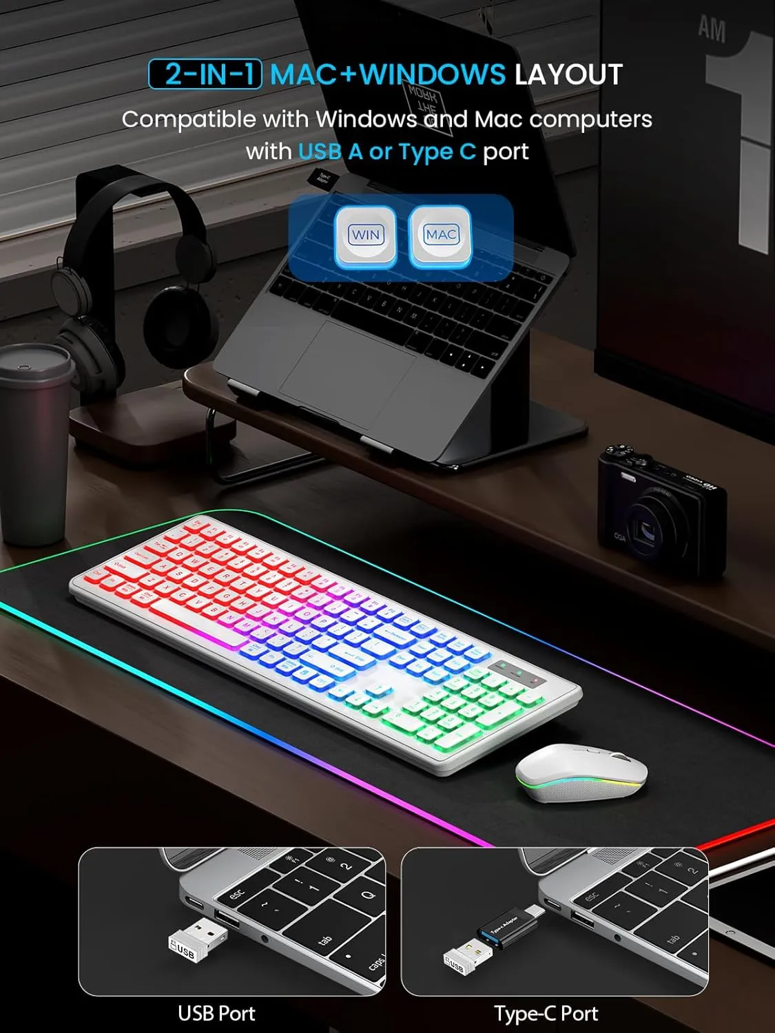 SABLUTE Wireless Keyboard and Mouse Backlit, Quiet Light Up Keys, Tilt Legs, Sleep Mode - Rechargeable USB Cordless Combo for Computer, iMac, PC, Laptop (White)