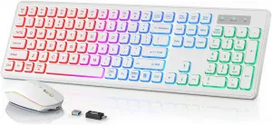 SABLUTE Wireless Keyboard and Mouse Backlit, Quiet Light Up Keys, Tilt Legs, Sleep Mode - Rechargeable USB Cordless Combo for Computer, iMac, PC, Laptop (White)