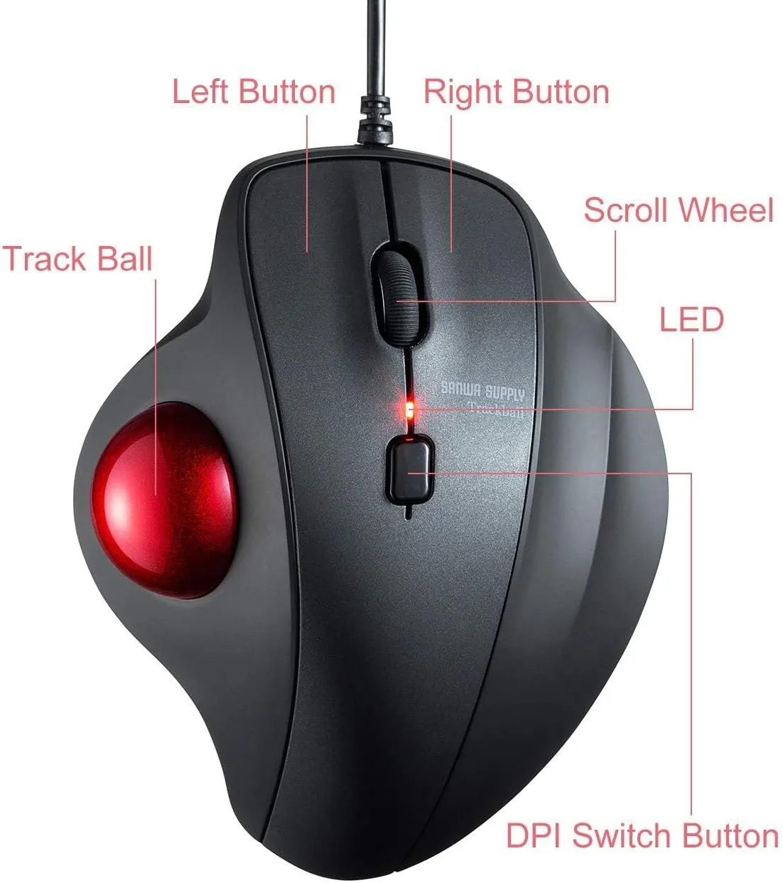 SANWA Wired Ergonomic Trackball Mouse, Optical Vertical Rollerball Mice, Silent Buttons, 34mm Trackball, 600/800/1200/1600 Adjustable DPI, Compatible with MacBook, Laptop, Computer, Windows, macOS