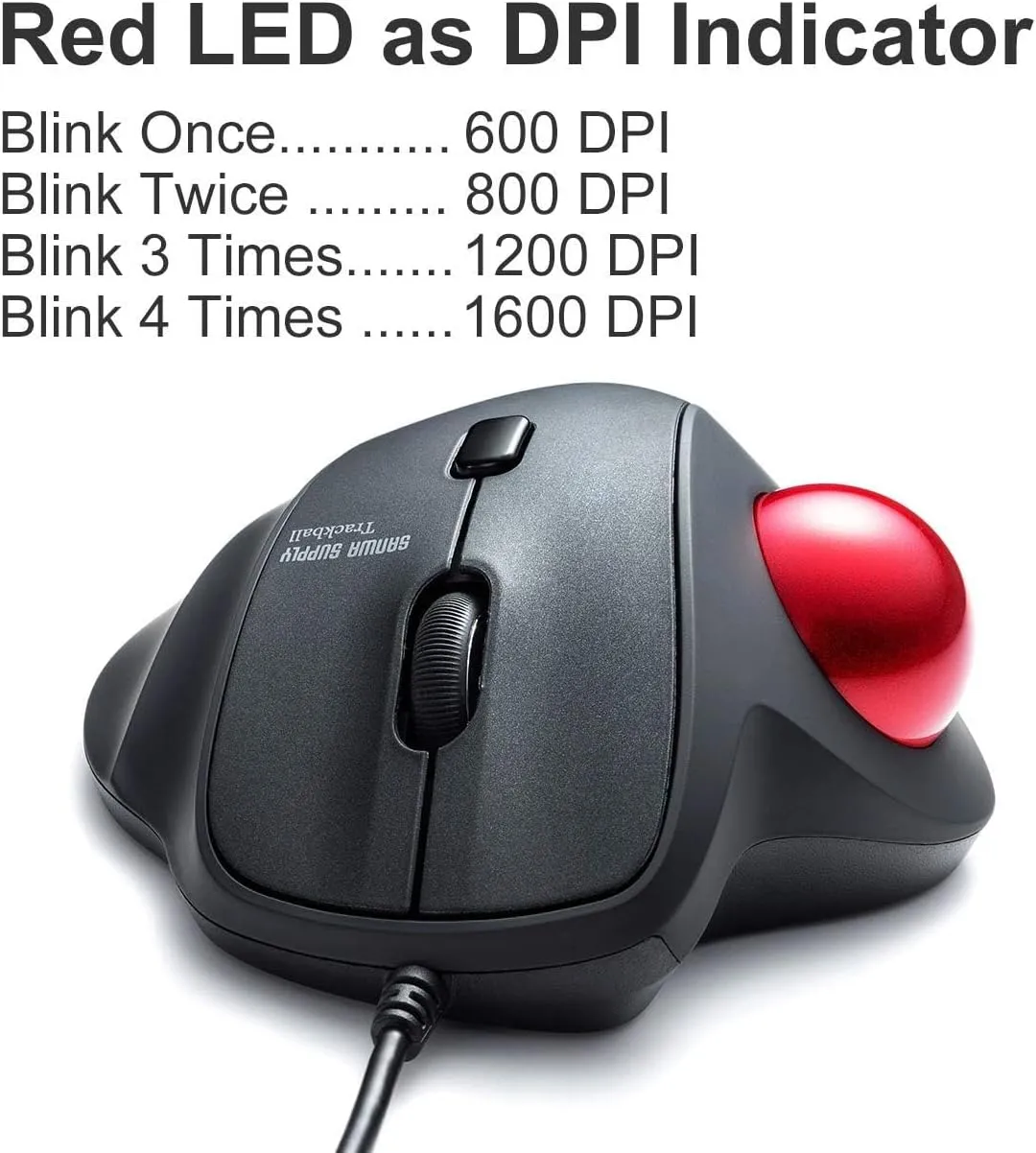 SANWA Wired Ergonomic Trackball Mouse, Optical Vertical Rollerball Mice, Silent Buttons, 34mm Trackball, 600/800/1200/1600 Adjustable DPI, Compatible with MacBook, Laptop, Computer, Windows, macOS