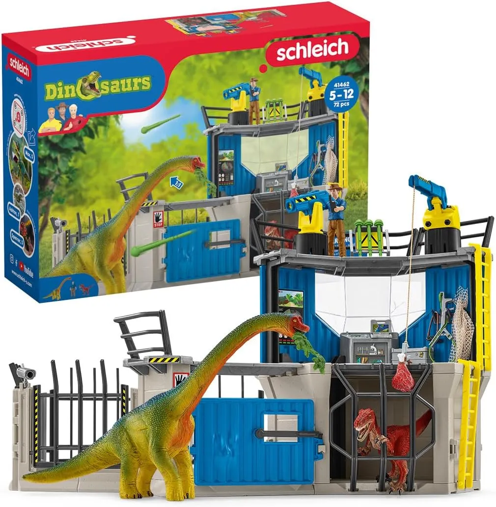Schleich Dinosaur Toys Science Playset - 33-Piece Set Research Station with Brachiosaurus, Velociraptor, Men Scientist Action Figures, and Dart Cannon, Kids Figurines for Ages 4 and Above