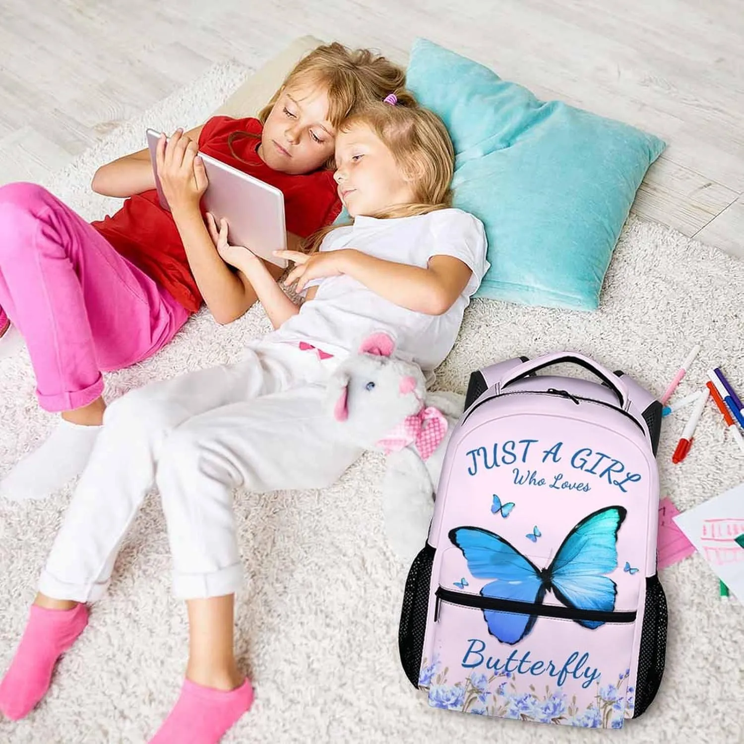 School Backpack for Kids Girls - Butterfly Backpack for Kids Student 17" Lightweight Bookbag for School Schoolbag Elementary, Children Backpacks Ages 6-8