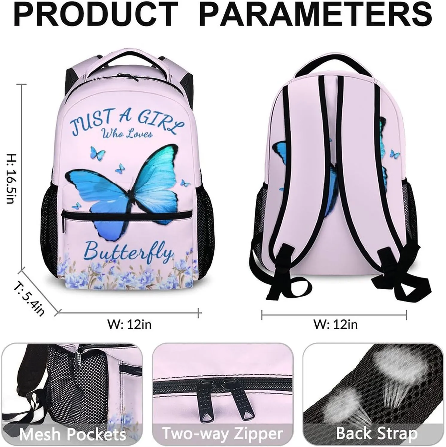 School Backpack for Kids Girls - Butterfly Backpack for Kids Student 17" Lightweight Bookbag for School Schoolbag Elementary, Children Backpacks Ages 6-8