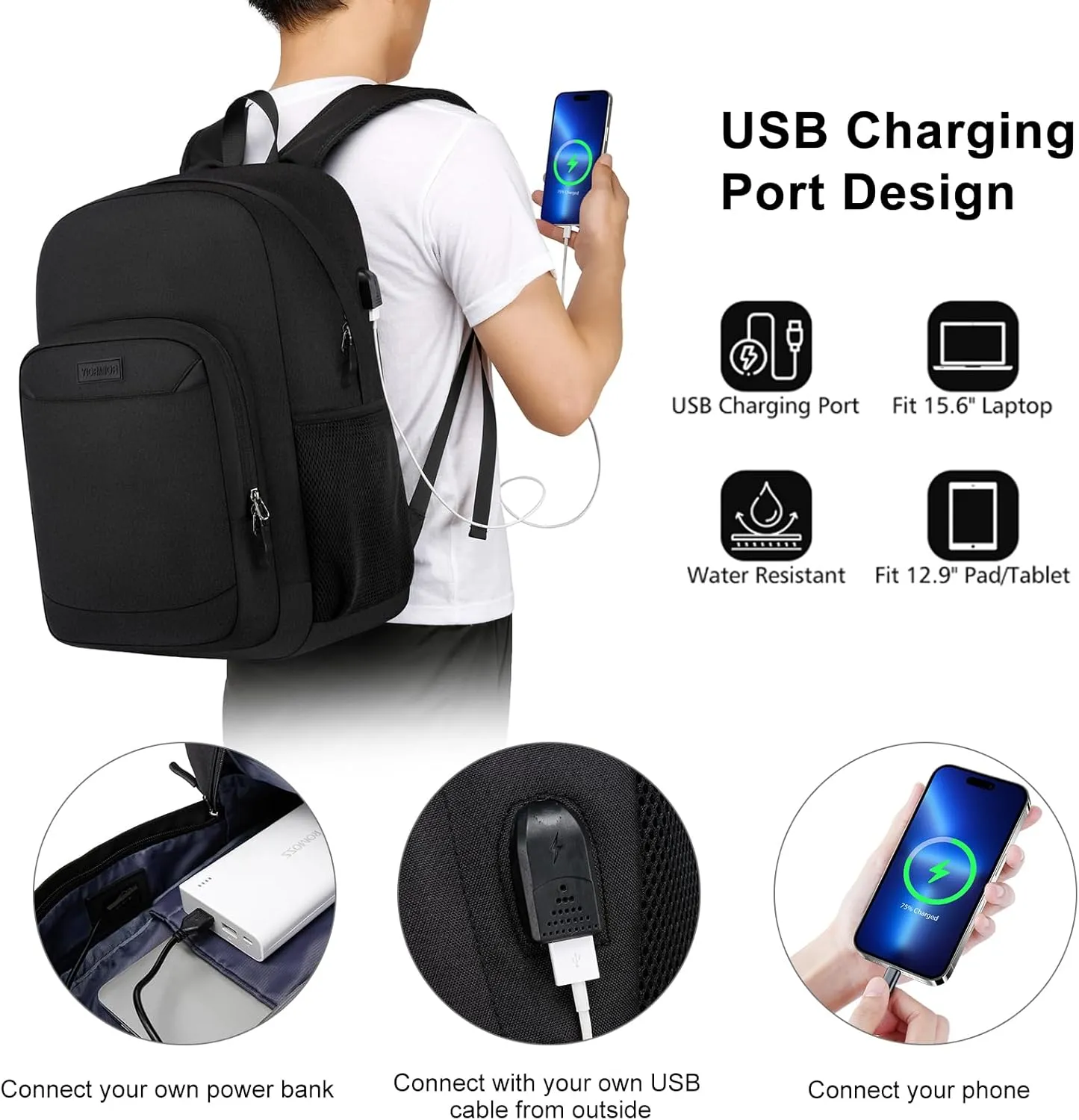 School Backpack for Teens Boy, Bookbag for Men Women with 15.6 inch Laptop Sleeve Computer College Black Over 3 Years Old
