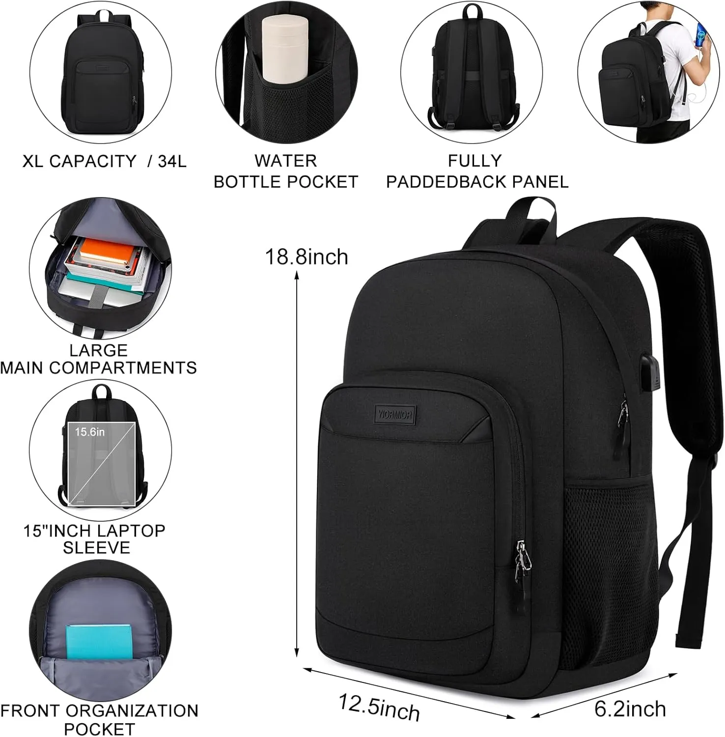School Backpack for Teens Boy, Bookbag for Men Women with 15.6 inch Laptop Sleeve Computer College Black Over 3 Years Old