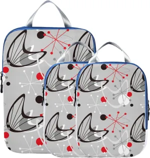 Seamless Vintage Atomic Retro mid Century 1950 Red Black Grey Style 3 Set Packing Cubes, Waterproof Check Oxford cloth Organizers, Travel Packing Toiletry Storage Bag