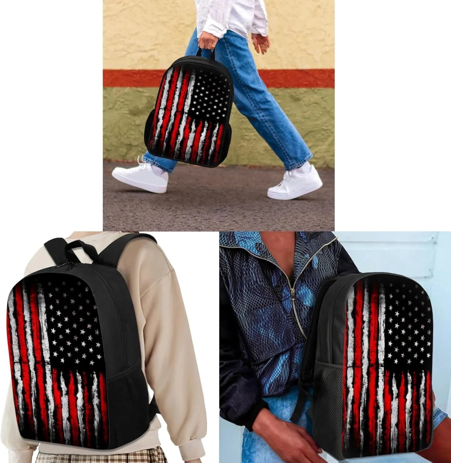 SEANATIVE 3 in 1 Backpack with Lunch Box and Pencil Case Vintage American Flag Print Students Bookbag Middle School Bags Travel Backpack