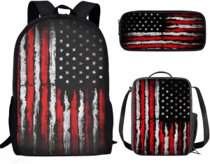 SEANATIVE 3 in 1 Backpack with Lunch Box and Pencil Case Vintage American Flag Print Students Bookbag Middle School Bags Travel Backpack