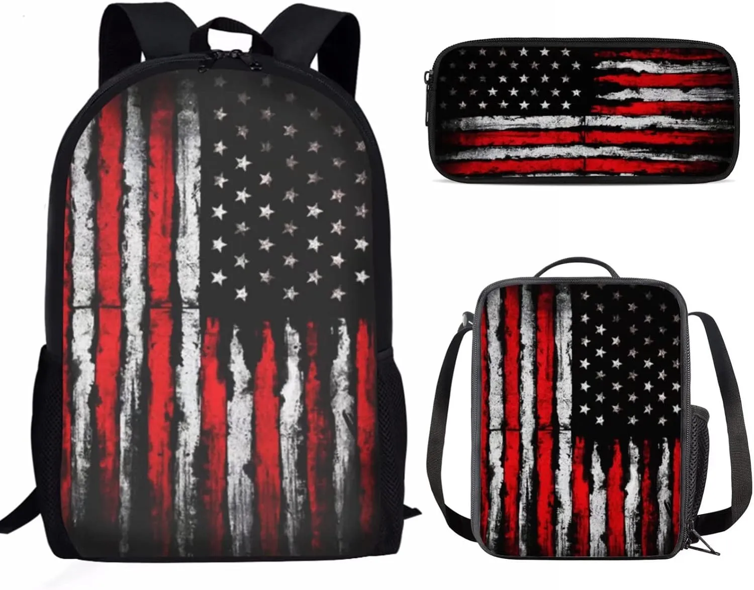 SEANATIVE 3 in 1 Backpack with Lunch Box and Pencil Case Vintage American Flag Print Students Bookbag Middle School Bags Travel Backpack