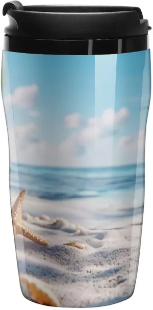 Seashell Starfish And Beach Coffee Mug with Lid Portable Tumbler Water Bottle for Travel Business 250ml