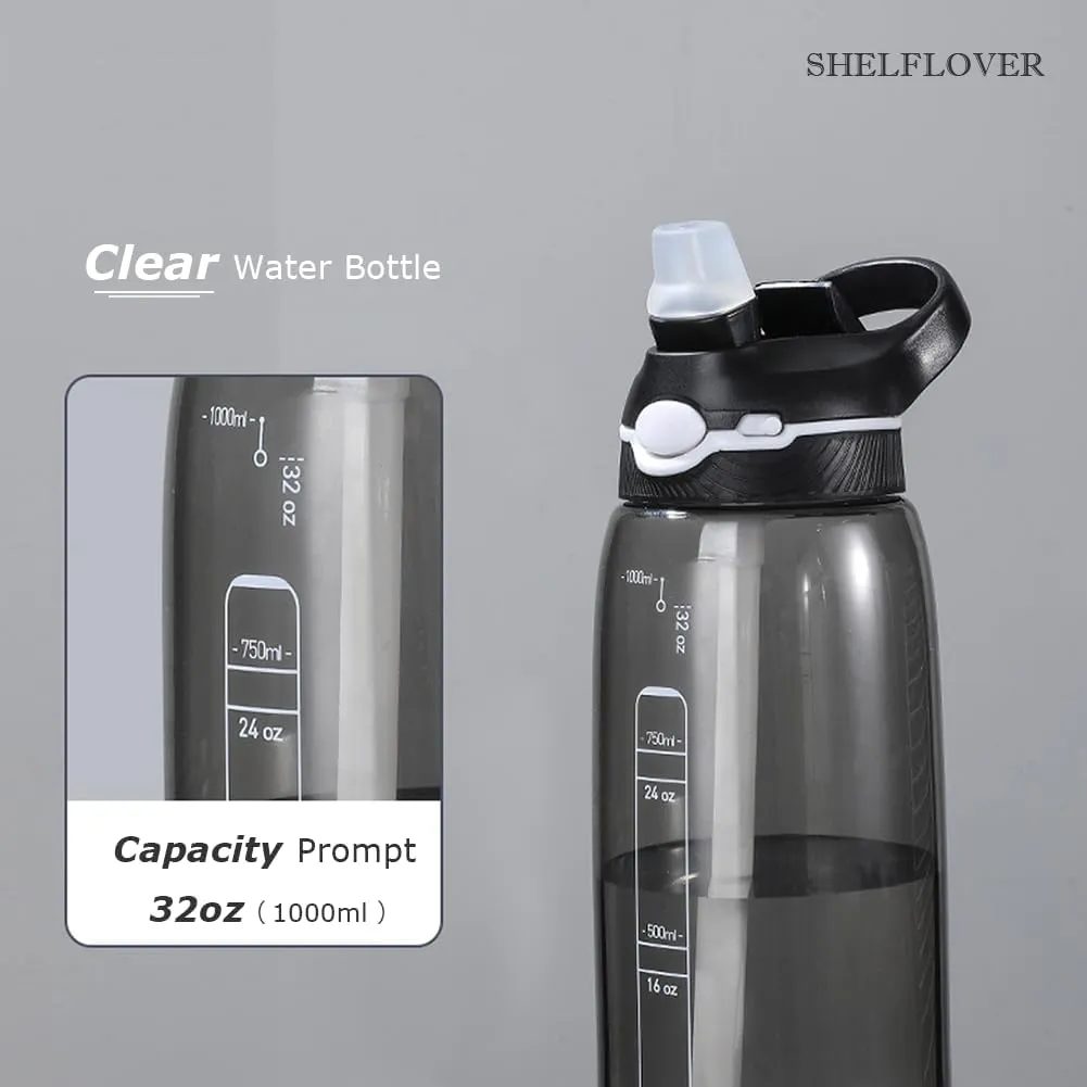 SHELFLOVER Black Water Bottle With Narrow Straw, BPA FREE Clear Bottles With Handle One Hand Use Easy Carried, Flip Up, Suit School, Office, Gym, Office For Men, 32oz (1000ml)