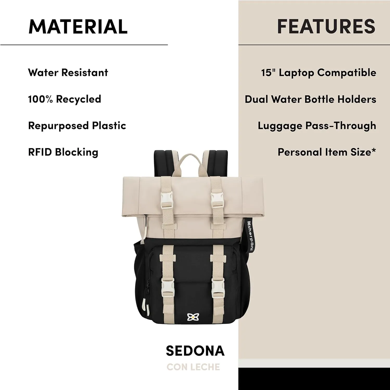 Sherpani Sedona, Travel Backpack Purse, Laptop Backpack, Recycled Nylon Backpack, Fits 15 Inch Laptop (Con Leche)