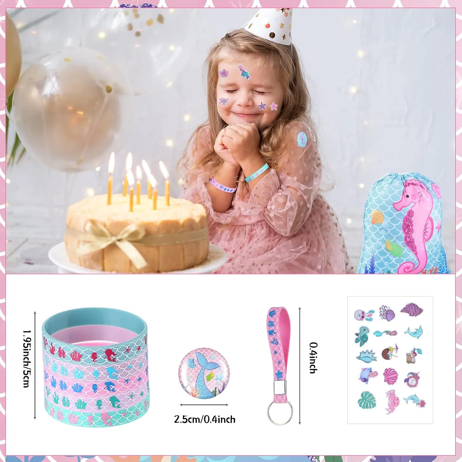 Sherr 140 Pcs Mermaid Gift Bags Party Favors for Girls Birthday Decorate Supplies Include Drawstring Bags Silicone Bracelets Keychains Pens Stickers Notebooks Pinata Stuffers (Mermaid)