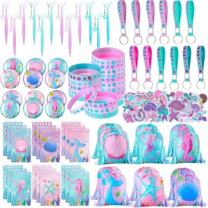 Sherr 140 Pcs Mermaid Gift Bags Party Favors for Girls Birthday Decorate Supplies Include Drawstring Bags Silicone Bracelets Keychains Pens Stickers Notebooks Pinata Stuffers (Mermaid)