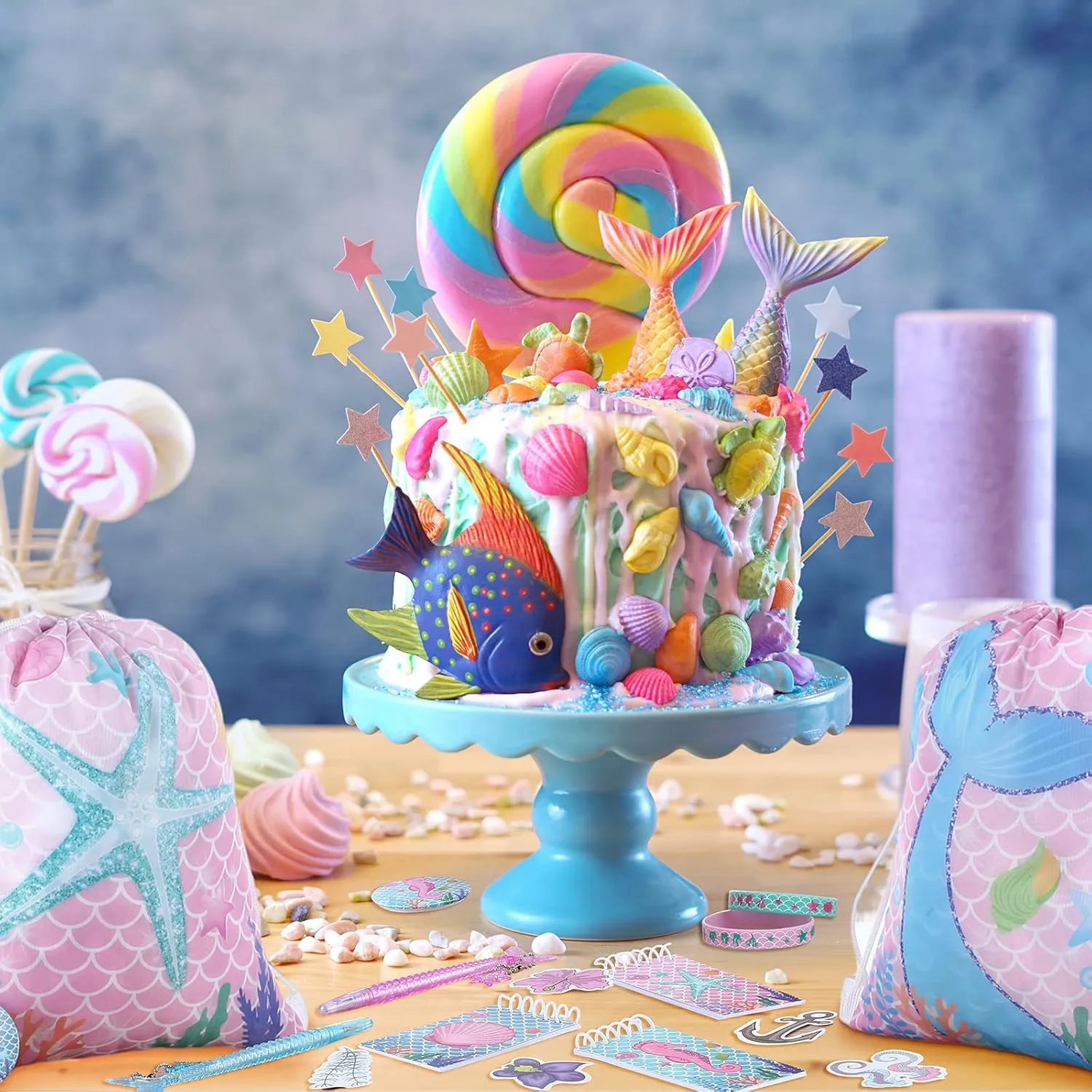 Sherr 140 Pcs Mermaid Gift Bags Party Favors for Girls Birthday Decorate Supplies Include Drawstring Bags Silicone Bracelets Keychains Pens Stickers Notebooks Pinata Stuffers (Mermaid)