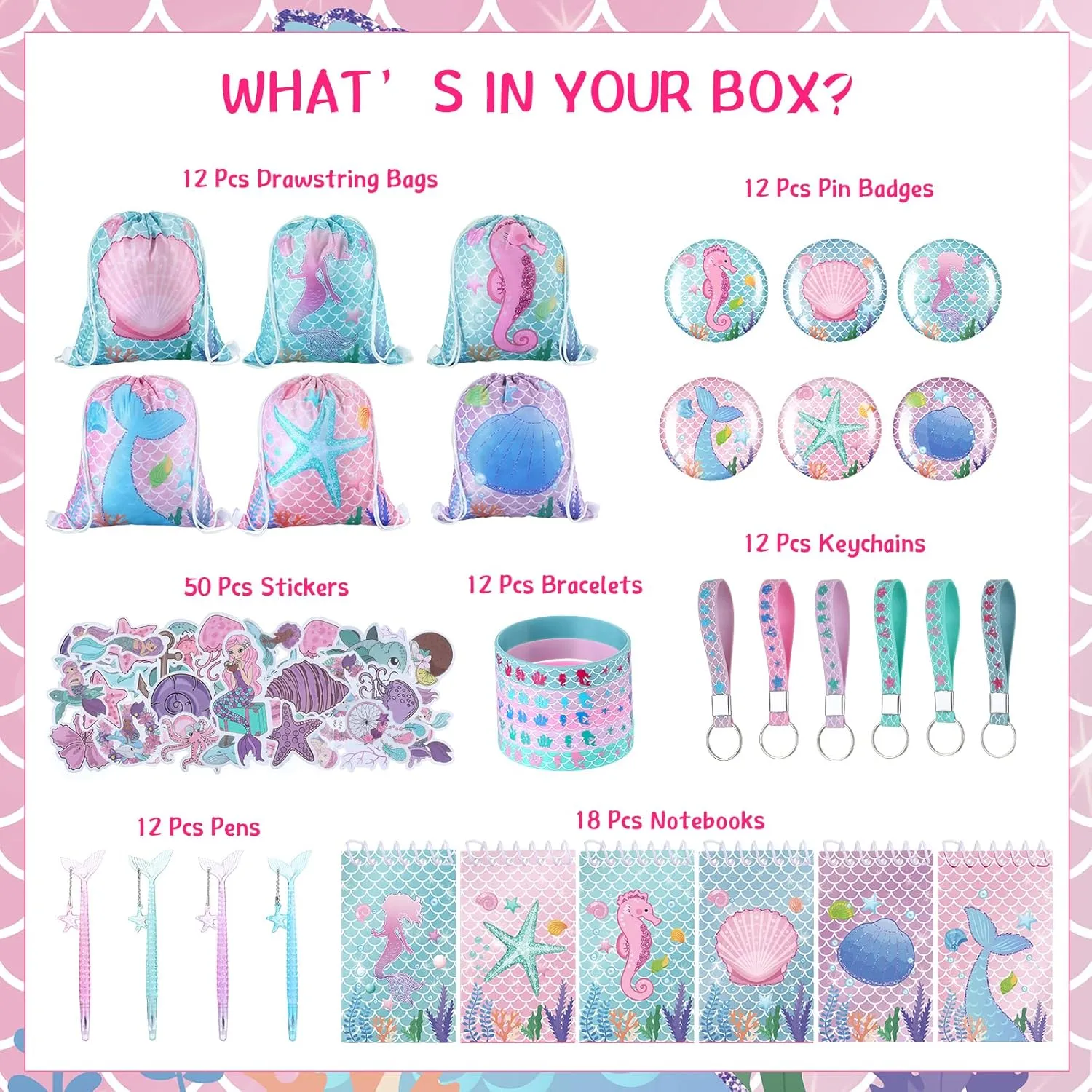 Sherr 140 Pcs Mermaid Gift Bags Party Favors for Girls Birthday Decorate Supplies Include Drawstring Bags Silicone Bracelets Keychains Pens Stickers Notebooks Pinata Stuffers (Mermaid)
