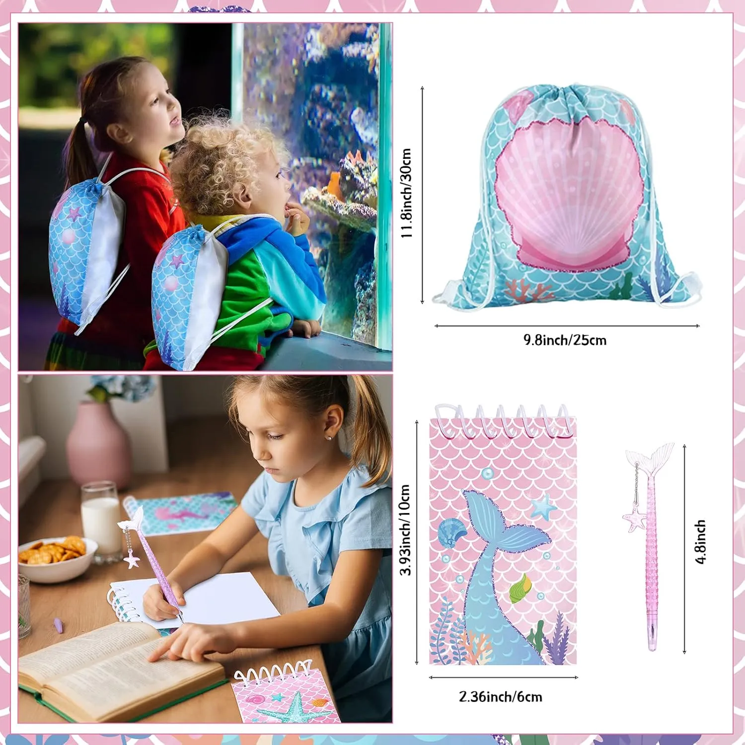 Sherr 140 Pcs Mermaid Gift Bags Party Favors for Girls Birthday Decorate Supplies Include Drawstring Bags Silicone Bracelets Keychains Pens Stickers Notebooks Pinata Stuffers (Mermaid)