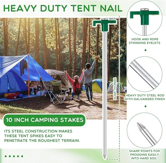 Shimeyao 10 Inch Tent Stakes Heavy Duty Camping Stakes Bulk Galvanized Non Rust Tent Pegs Metal Camping Spikes for Outdoor Camping Pitching Canopy