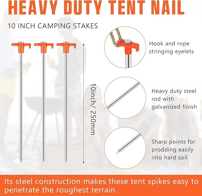 Shimeyao 10 Inch Tent Stakes Heavy Duty Camping Stakes Bulk Galvanized Non Rust Tent Pegs Metal Camping Spikes for Outdoor Camping Pitching Canopy