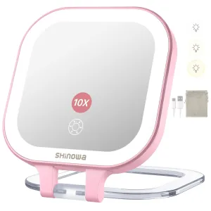 Shinowa Rechargeable Travel Makeup Mirror with 44 LED Lights, 1X/10X Magnifying Vanity Mirror with 3 Color Light, Folding Stand, 4 Inch Portable Dimmable Double Sided Compact Lighted Mirror, Pink