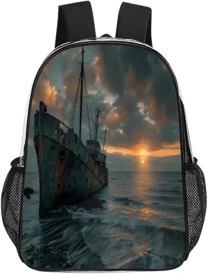 Shipwreck on The Ocean Beach at Sunset Clear Shoulders Bag Unisex Backpack for Camping Hiking Travel