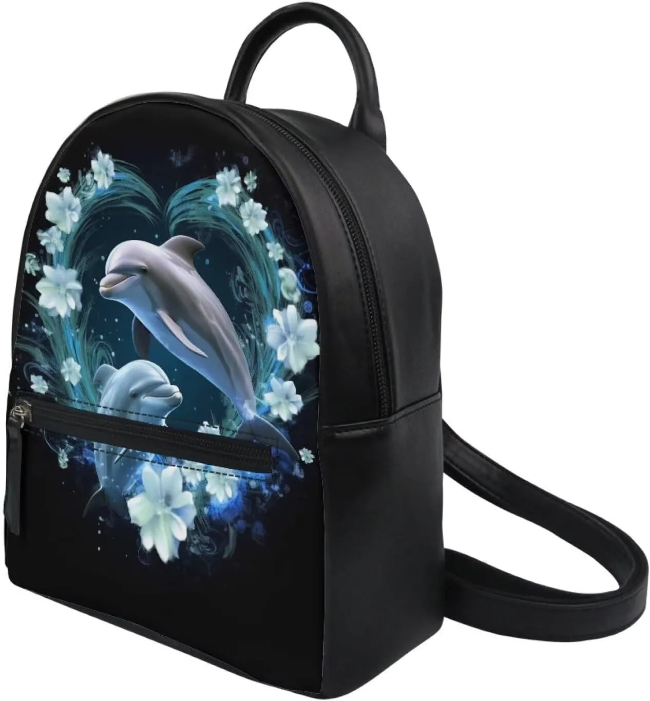 Showudesigns Dolphin Flower Backpack Purse for Women Mini Backpacks Water-Resistant Small Back Pack Shoulder Bag for School Travel Min Casual Daypack Black