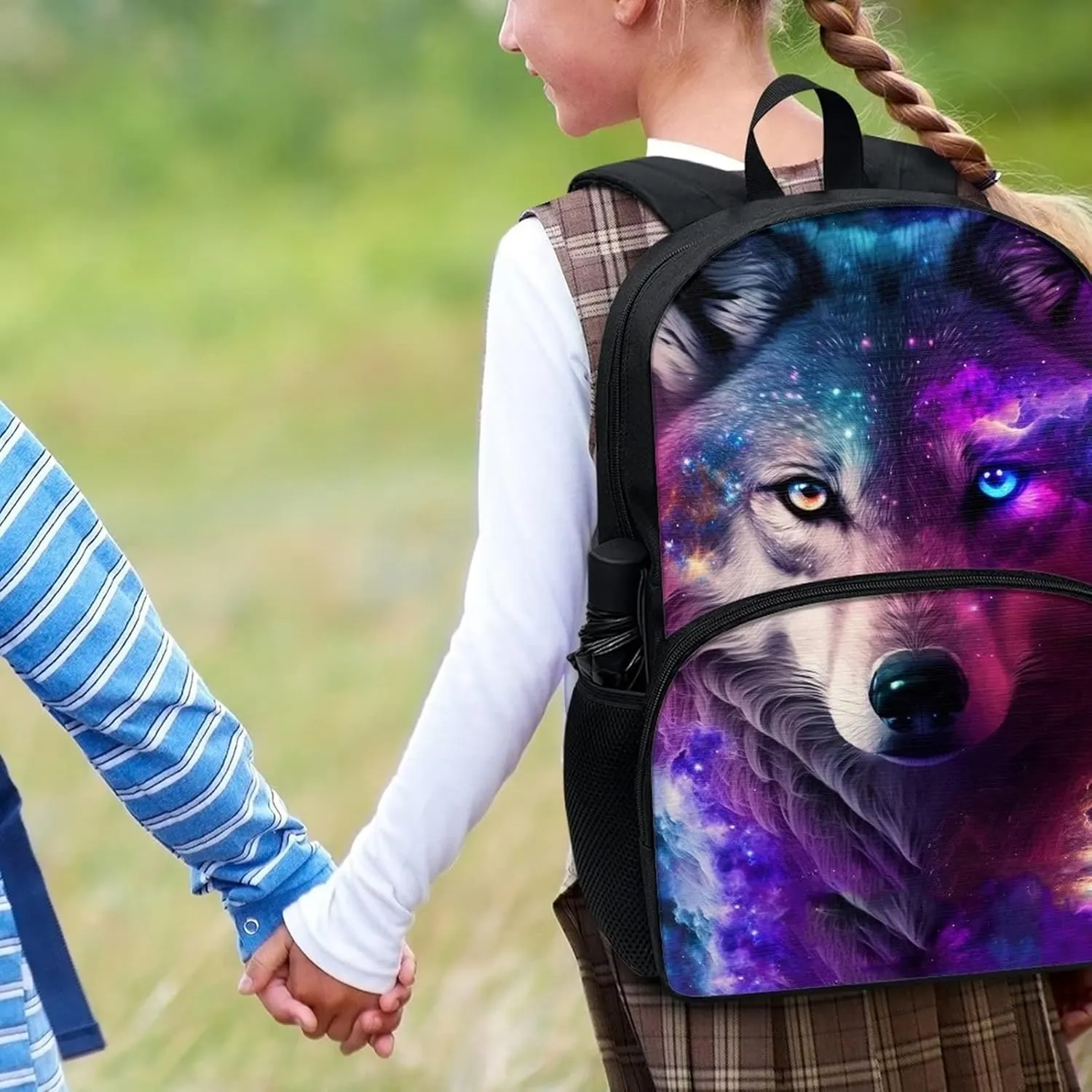 Showudesigns Galaxy Wolf Bookbag for Girls 10-12 Backpack Purse Large Capacity School Bag for Boys Kids Middle School Student Elementary Purple Space