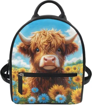 Showudesigns Highland Cow Backpack for Women Teenager Purse Mini Pu Leather Backpacks Sunflower Ladies Small Shoulder Bag Casual Daypack Handbag Tote Bags Blue