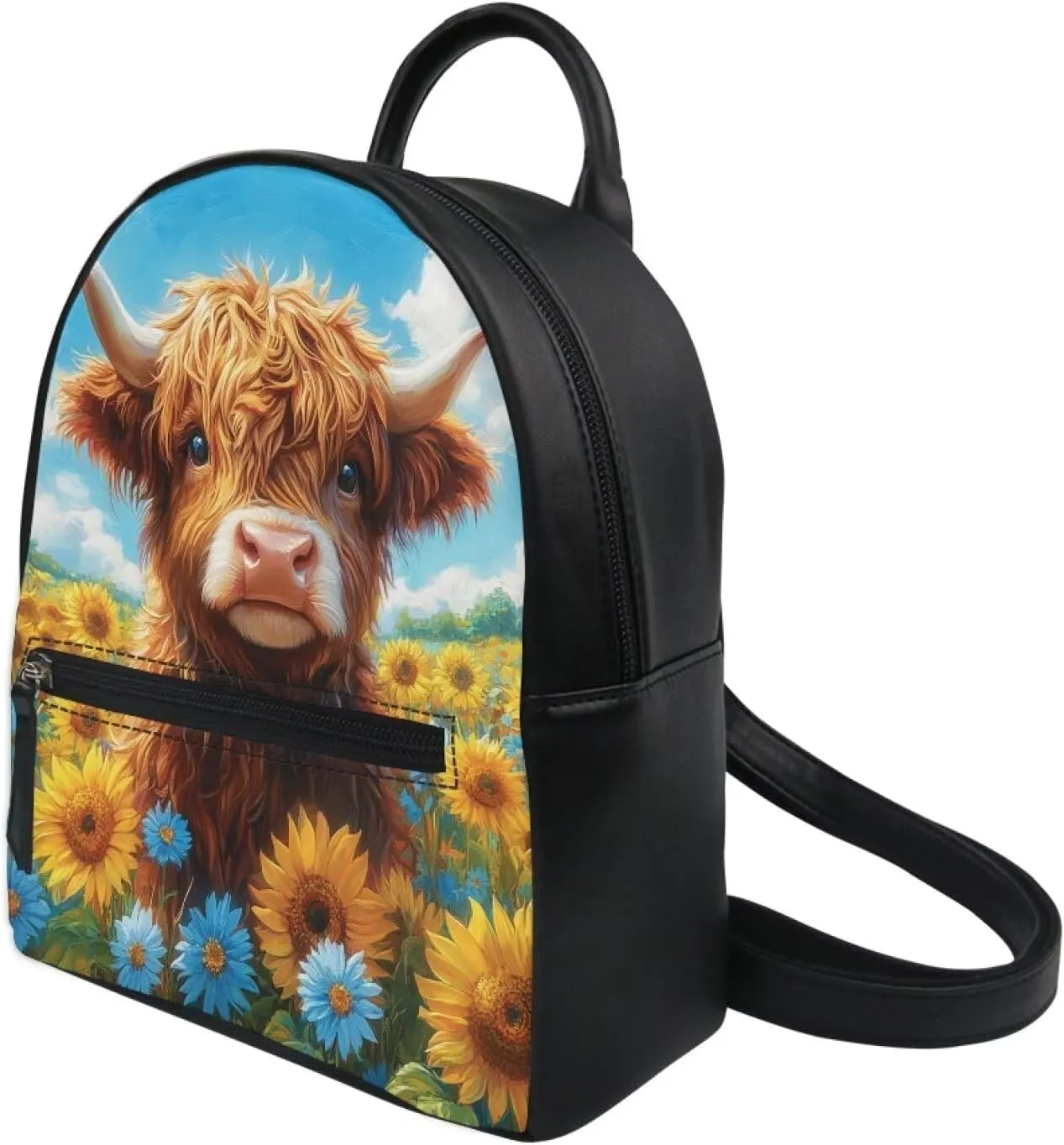 Showudesigns Highland Cow Backpack for Women Teenager Purse Mini Pu Leather Backpacks Sunflower Ladies Small Shoulder Bag Casual Daypack Handbag Tote Bags Blue