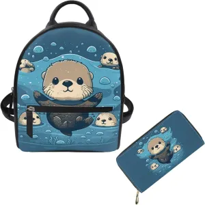 Showudesigns Sea Otter Mini Backpack Purse for Women Small Backpacks Wallets Shoulder Bag for Work School Travel Daypack Teenager Purse With Wallet Set Navy Blue 2 Pack