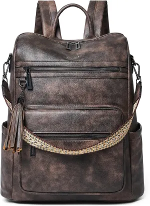Shrrie 15.6 Inch Laptop Backpack for Women - Large Leather Purse, Travel Carry-on, Water Resistant, Casual College Work Bag, Two-toned Coffee
