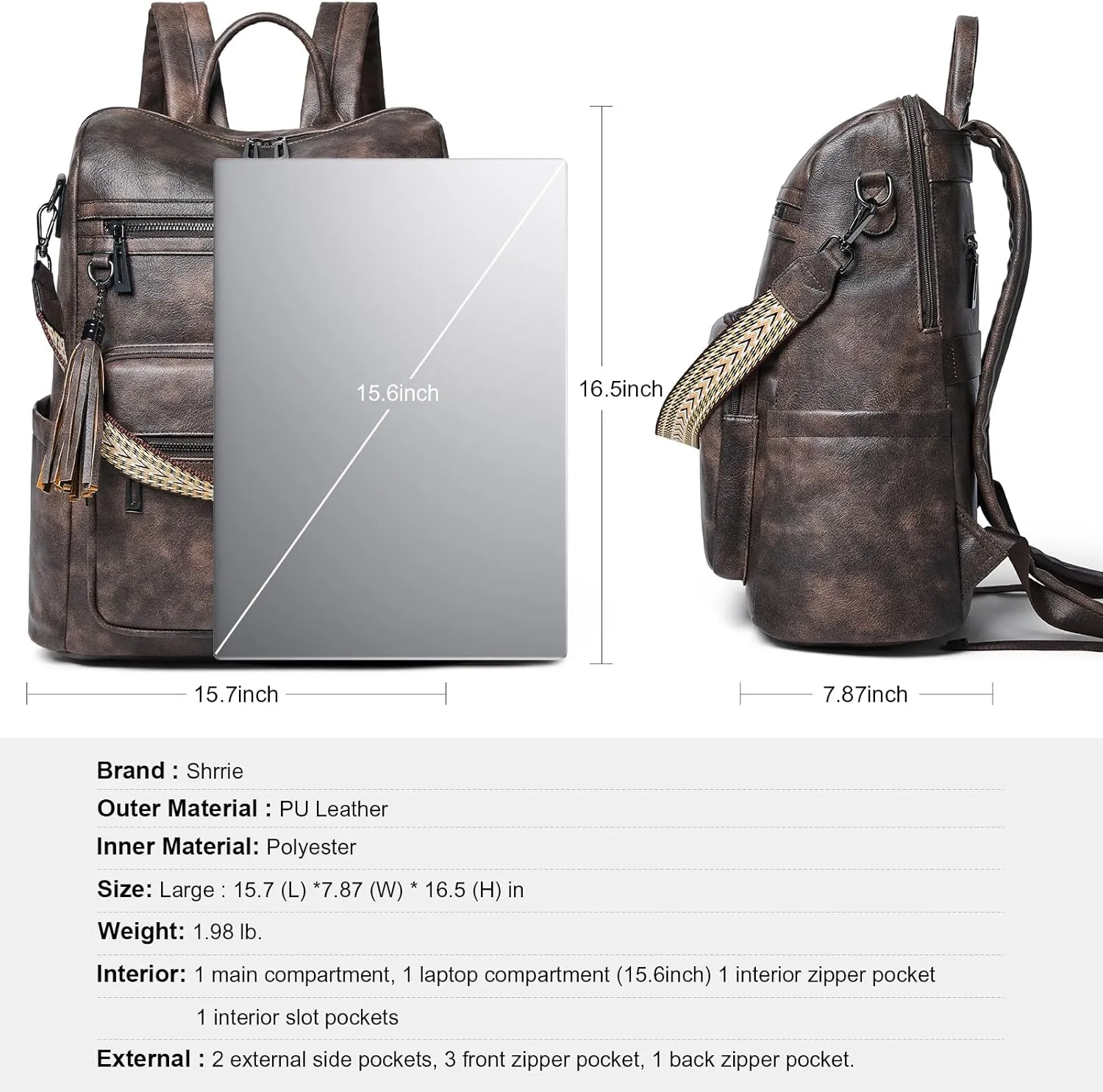 Shrrie 15.6 Inch Laptop Backpack for Women - Large Leather Purse, Travel Carry-on, Water Resistant, Casual College Work Bag, Two-toned Coffee