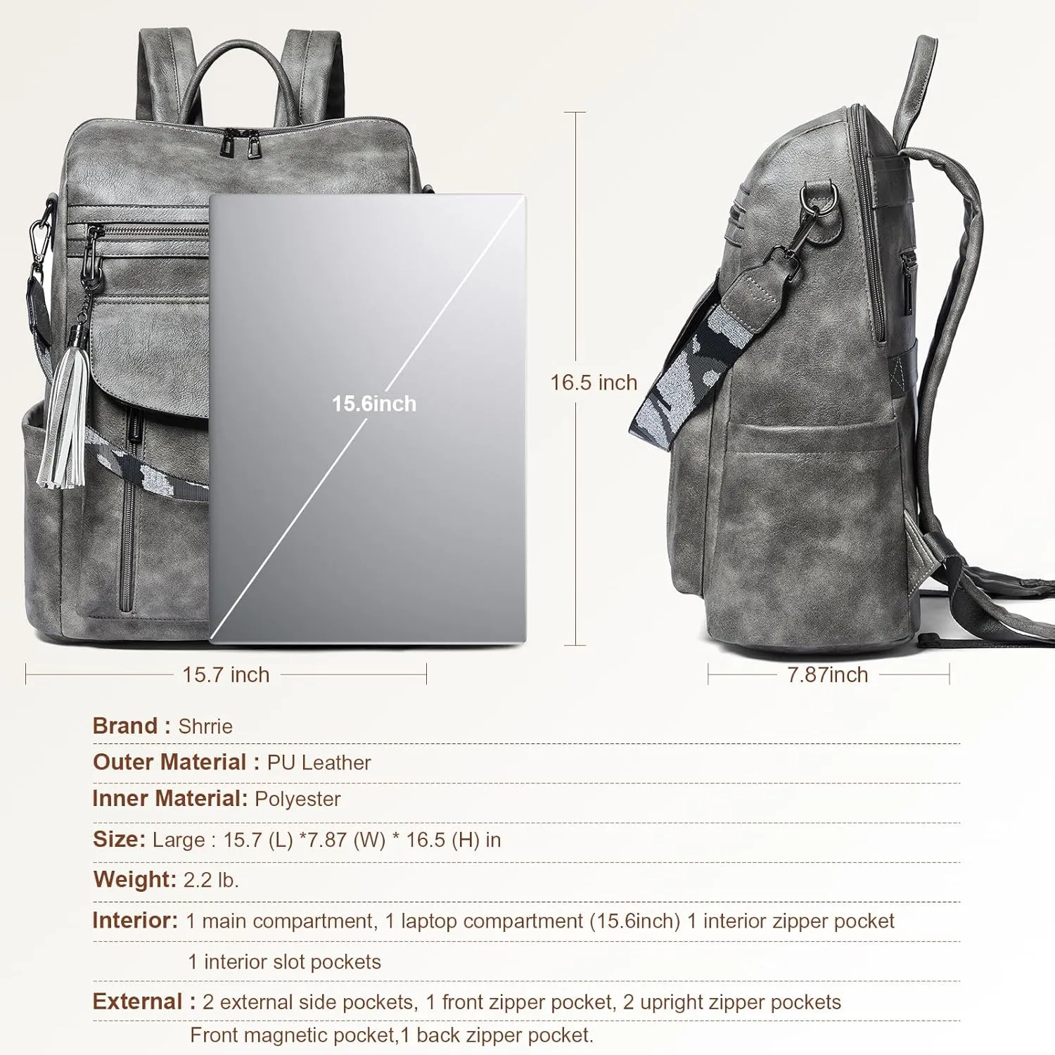 Shrrie Laptop Backpack for Women 15.6 inch,Travel Leather Backpack Purse Nurse Teacher Carry on Backpack Computer Bag,Professional Water-Resistant College Business Work Casual Daypack,Deep Gray