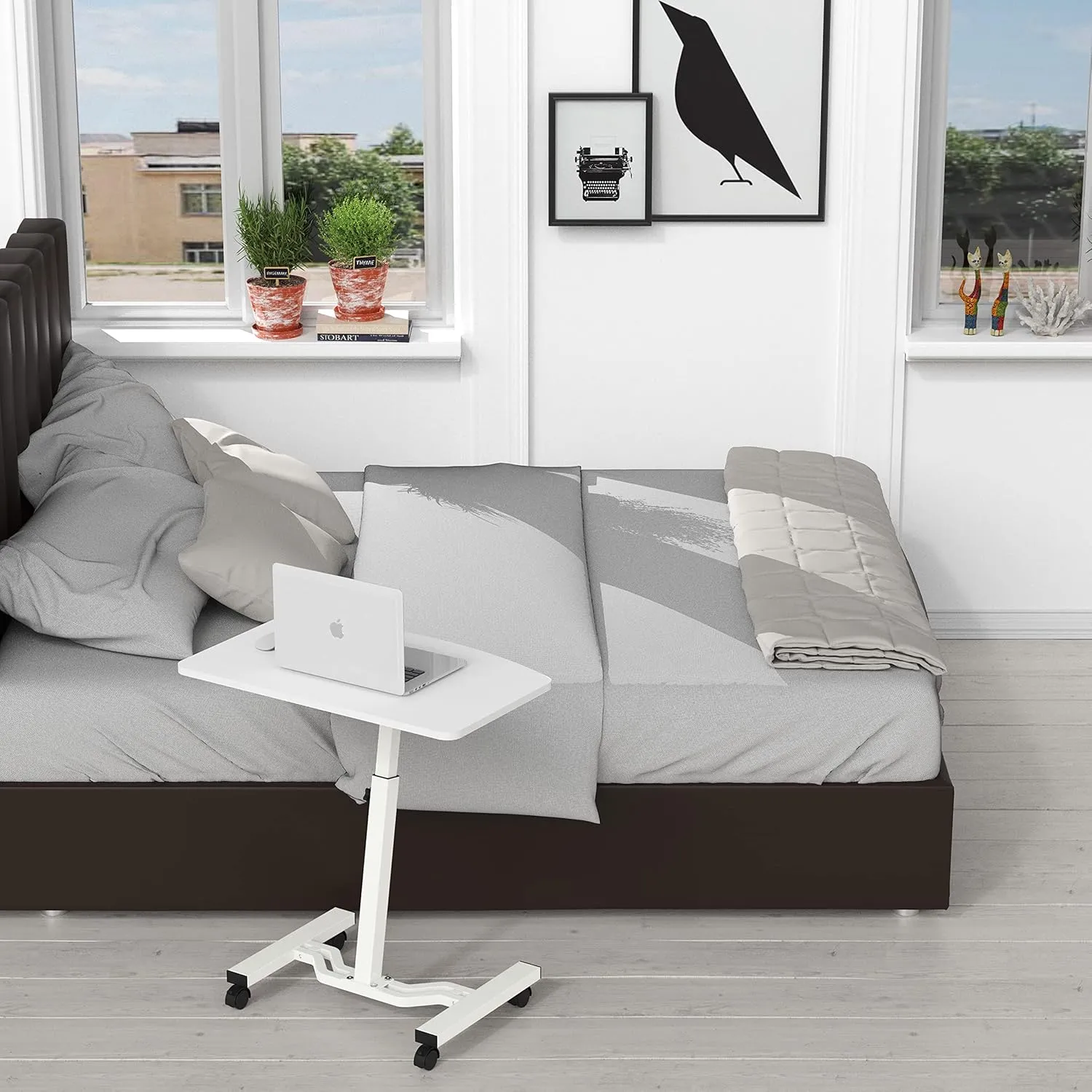 SHW Mobile Height Adjustable Laptop Rolling Cart with Height Adjustment from 28" to 33", White