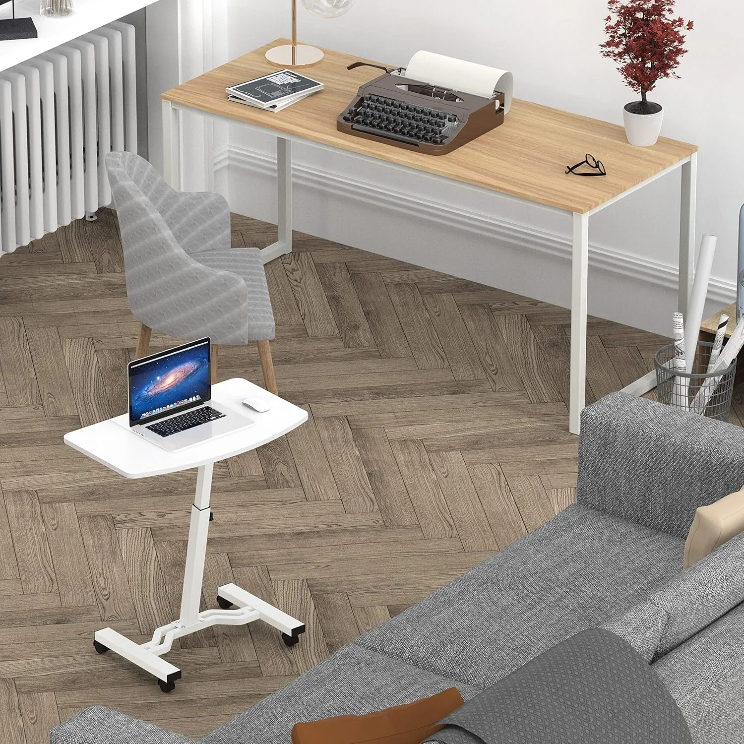 SHW Mobile Height Adjustable Laptop Rolling Cart with Height Adjustment from 28" to 33", White