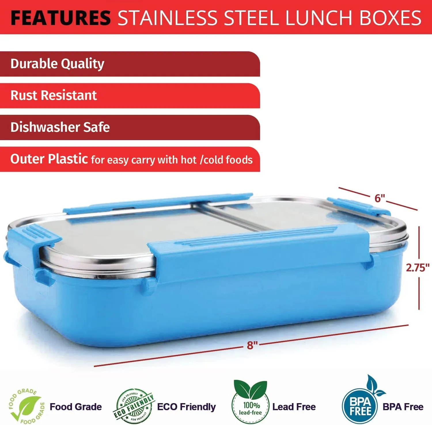 Signoraware Stainless Steel Bento Box For Men, 24 Oz, Aqua Blue, Leakproof Between 2 Compartments, Portion Control, Easy To Carry