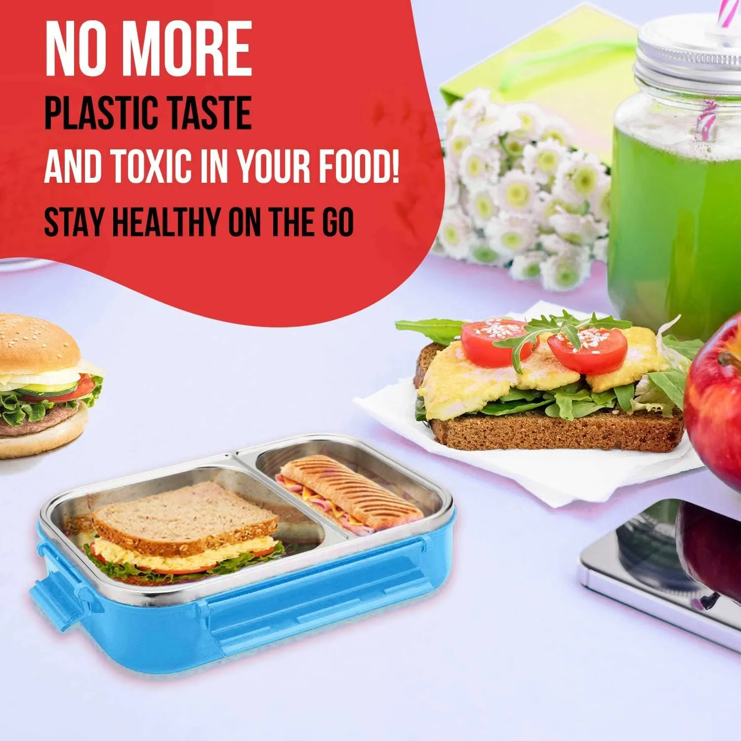 Signoraware Stainless Steel Bento Box For Men, 24 Oz, Aqua Blue, Leakproof Between 2 Compartments, Portion Control, Easy To Carry
